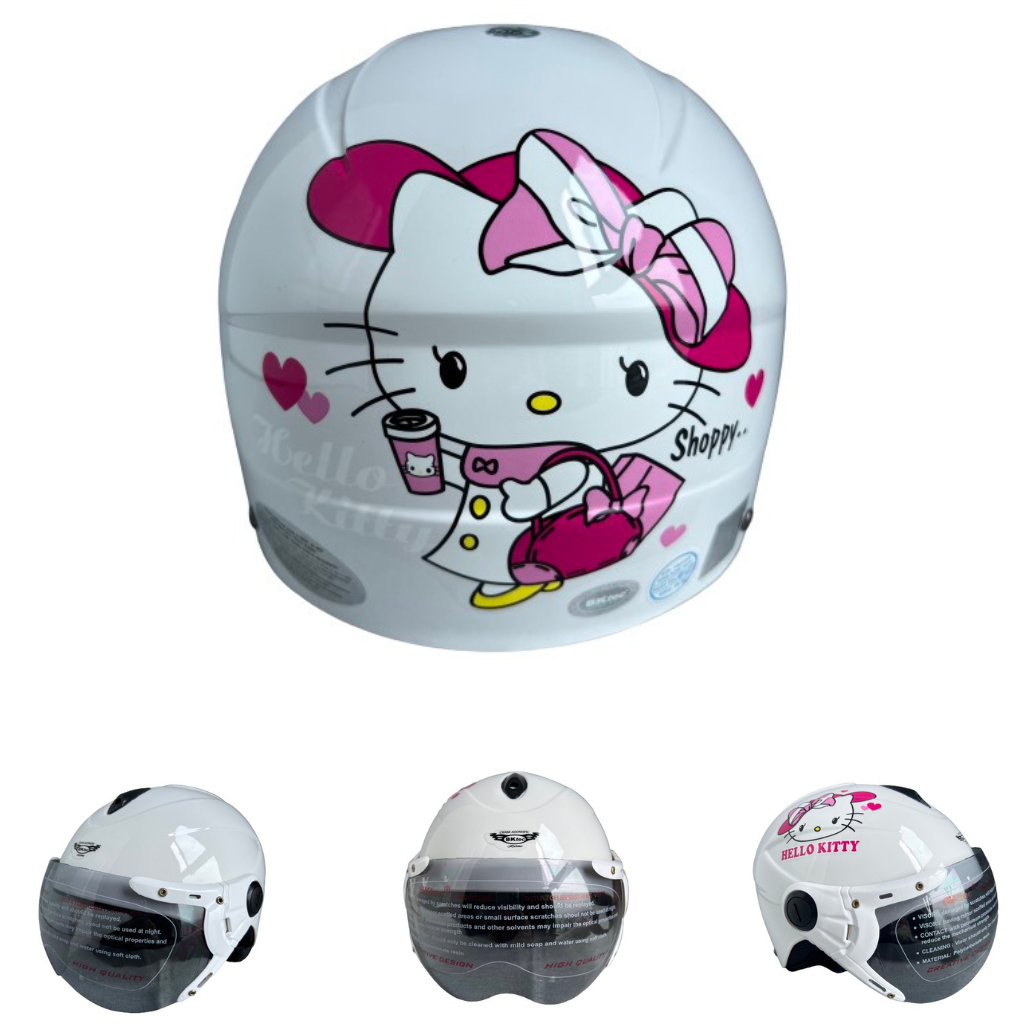 Mũ bảo hiểm trẻ em BKtec - BK14 trắng Kitty - dành cho bé từ 5 đến 10 tuổi, bé nặng dưới 30kg - Vòng đầu từ 52-54cm