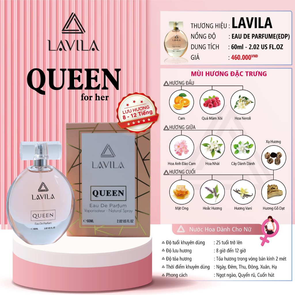 Nước hoa nữ Queen LAVILA cao cấp hương thơm chuẩn pháp lưu hương từ 8-12 tiếng