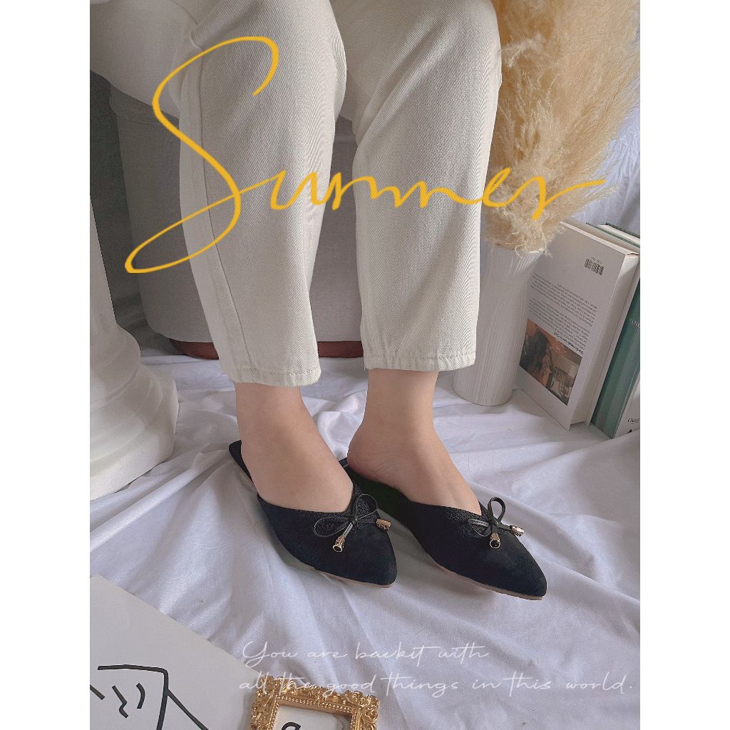 Giày Sục Màu Đen Mũi Nhọn Đính Nơ Thương Hiệu Himistore - Himi232