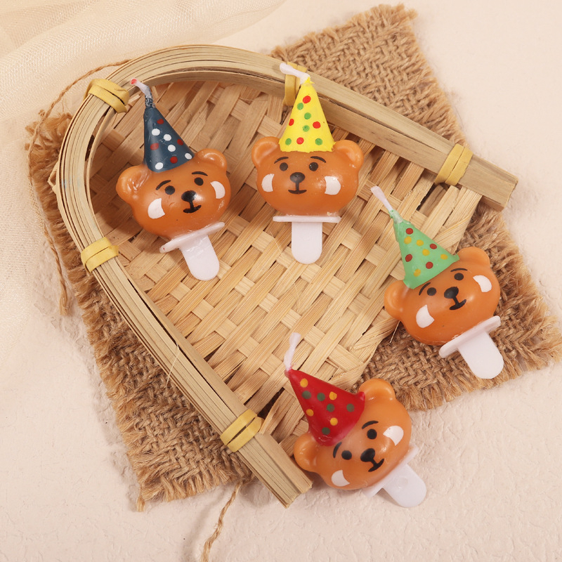 Nến Gấu Đội Mũ Cute Vỉ 4 Nến Gấu Đẹp, Phụ Kiện Bánh Sinh Nhật Trang Trí Bánh Kem