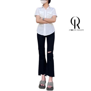 Quần jeans loe ONKIM giãn rách đùi gấu cắt kiểu