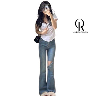 Quần jean ống loe ONKIM rách đùi cạp cao dễ mix đồ