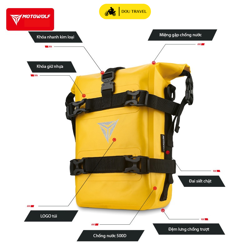 Túi chống nước MOTOWOLF phản quang chính hãng - Túi du lịch đeo hông xe máy chống nước cao cấp - Mã MDL0715