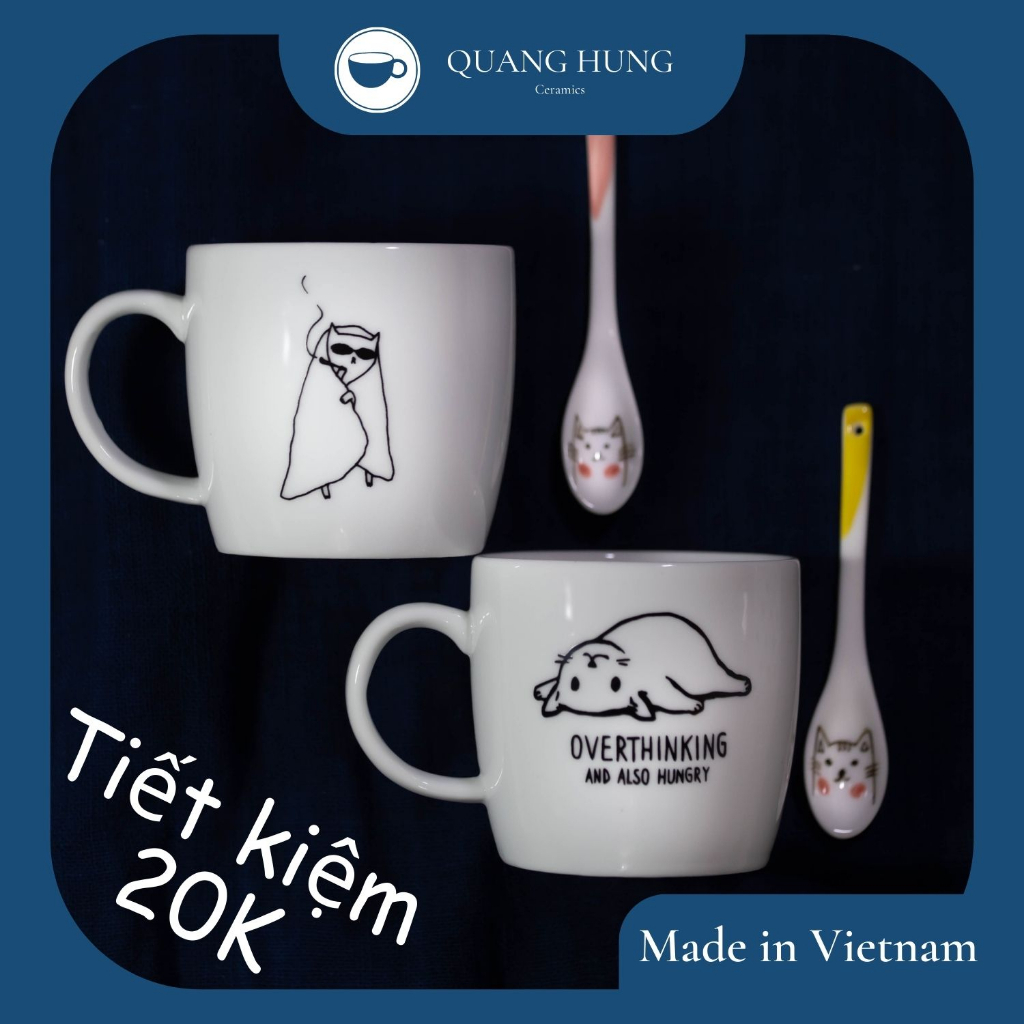 COMBO 2 cốc sứ in hình mèo cho bạn và người thương, dung tích 300ml. sản xuất tại Bát Tràng,Việt Nam.Tặng thìa sứ.