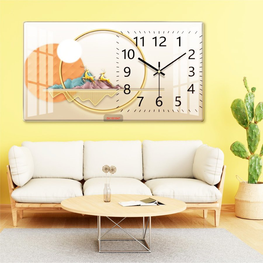 Tranh đồng hồ treo tường tráng gương pha lê UV hươu nai nghệ thuật cao cấp giá rẻ siêu đẹp