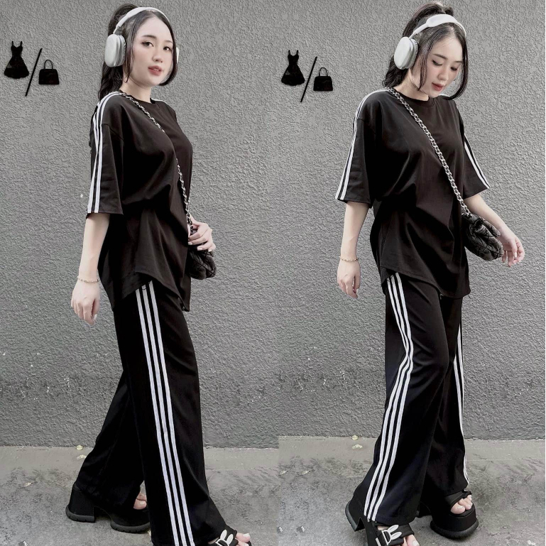 Đồ bộ nữ, set thể thao quần ống rộng lưng cao có túi và áo ngắn tay form rộng vải thun cotton dày, đồ mặc ở nhà nữ