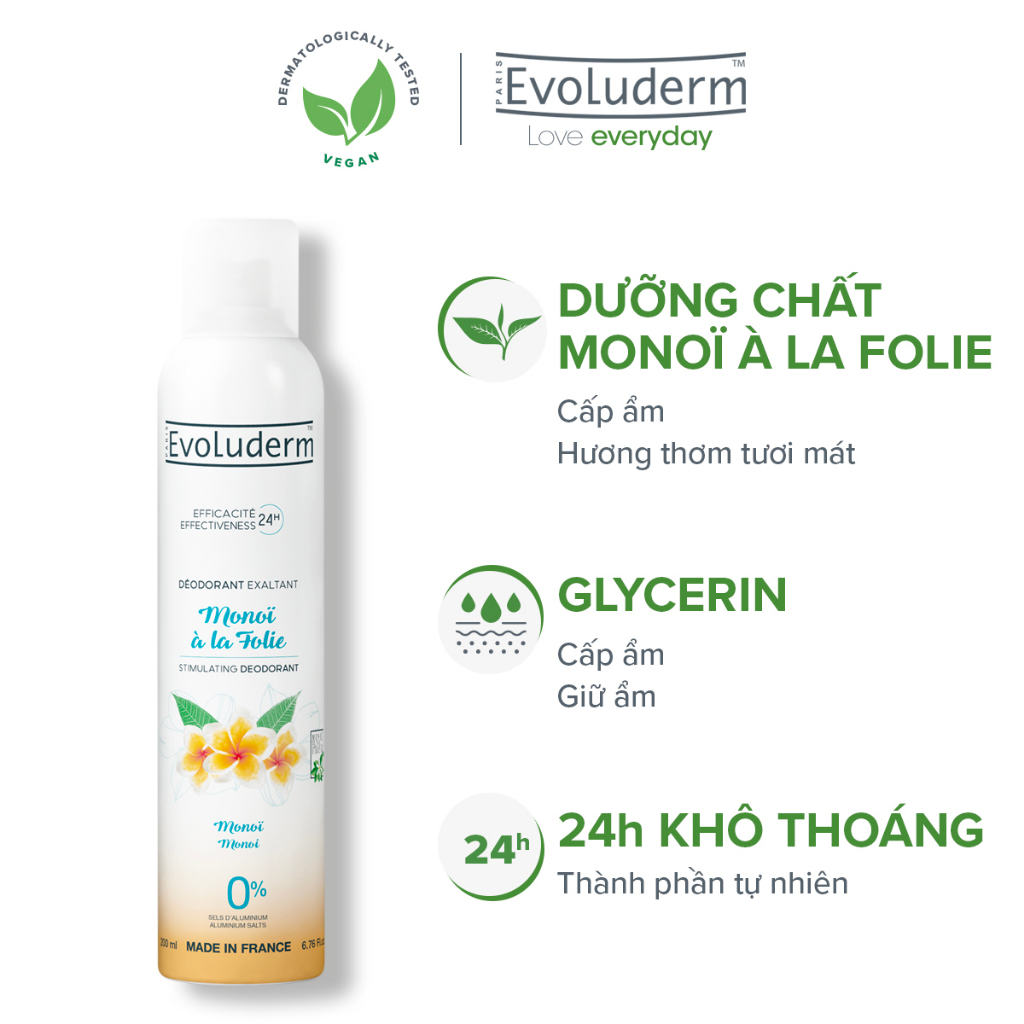 Xịt khử mùi toàn thân Evoluderm chiết xuất hoa Monoi ngăn khuẩn gây mùi suốt 24h - 200ml