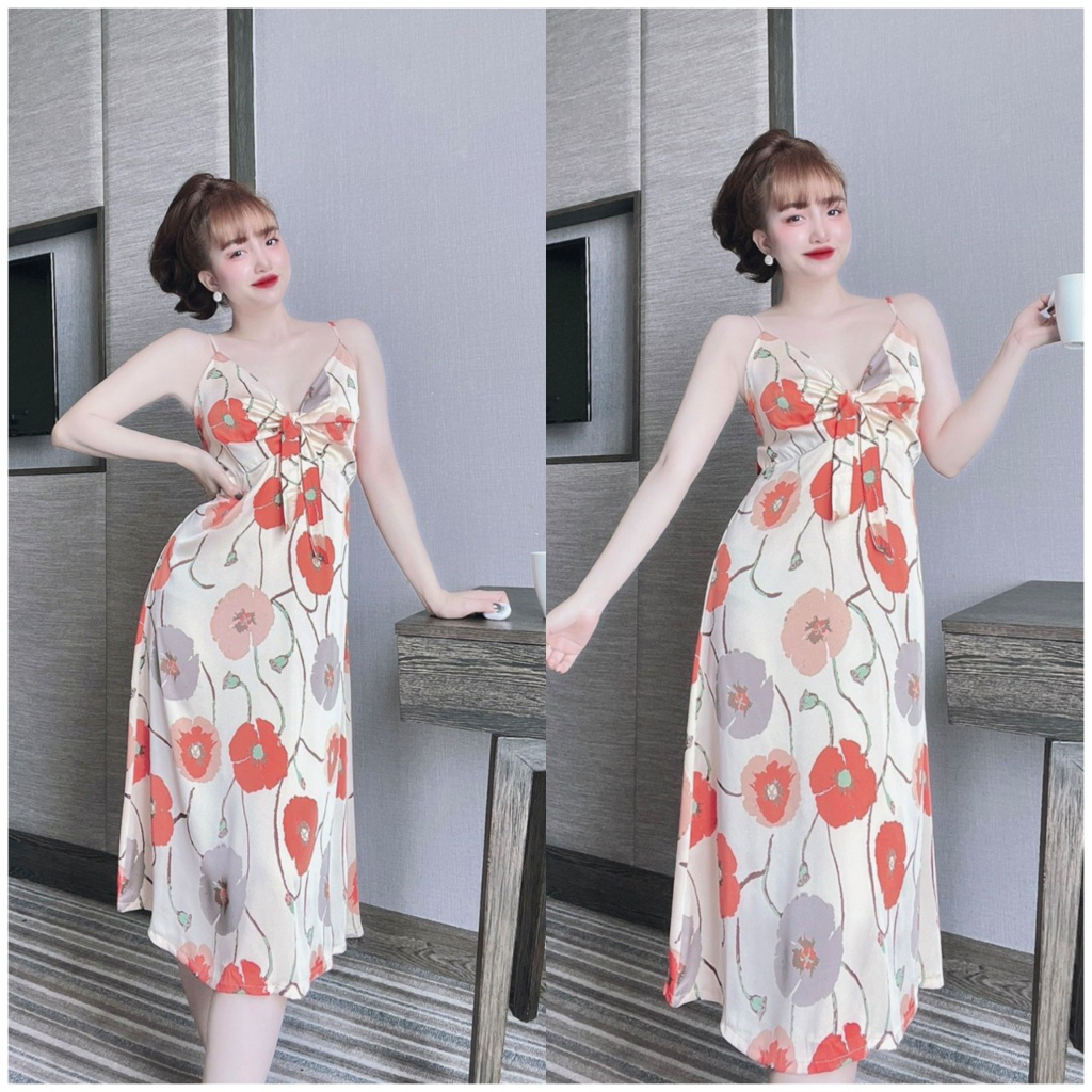 Đầm maxi 2 dây thắt nơ lụa latin mềm mát, váy maxi hè