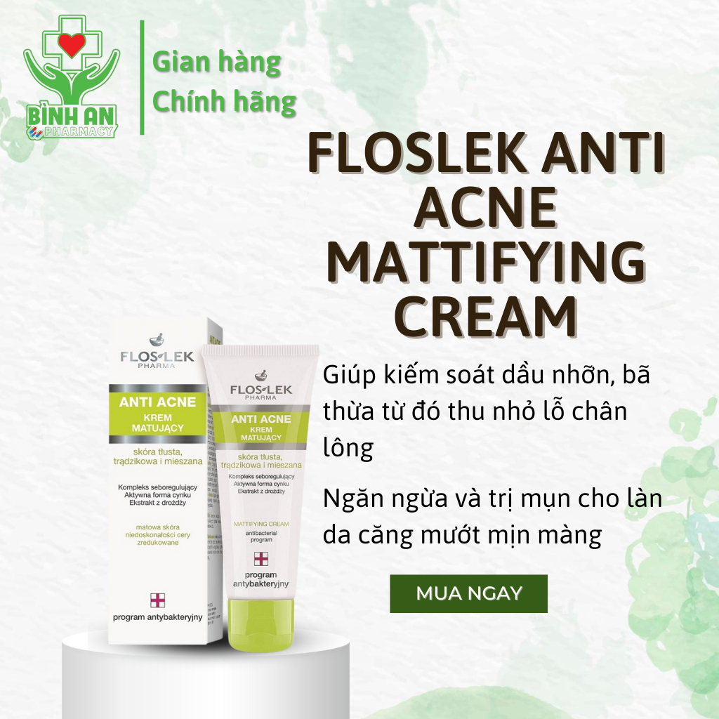 Kem dưỡng ẩm Floslek Anti Acne Mattifying Cream cho da dầu  - Tuýp 50ml - NT Bình An [CHÍNH HÃNG]