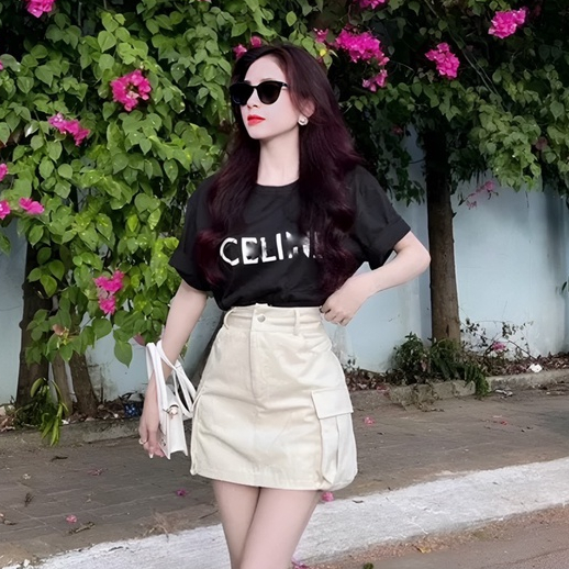 Set Bộ Áo Thun Đen Phối Chân Váy Chữ A Đơn Giản Dạo Phố Đi Chơi ST7132