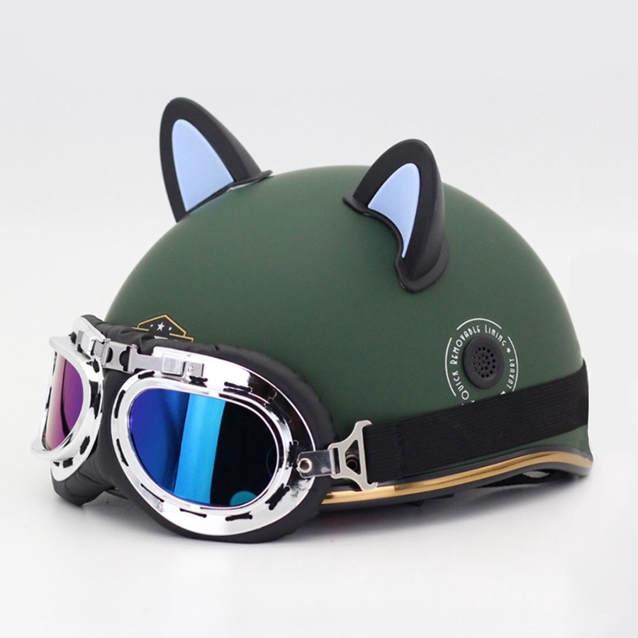 Mũ bảo hiểm nửa đầu Hpro helmet cao cấp, kèm kính phi công, có tai mèo cute, thời trang, cá tính, FreeSize (54-58cm)