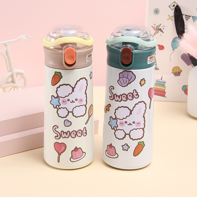 Bình Đựng Nước Giữ Nhiệt Bằng Inox 304 Không Gỉ Tặng Kèm Ống Hút Và Sticker 2D Hoạt Hình Dáng Yêu ,Dung Tích Bình 550ML