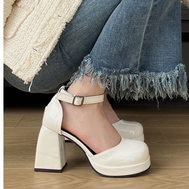 Giày cao gót bít mũi hở sườn 9p da bóng kiểu dáng đơn giản cao cấp