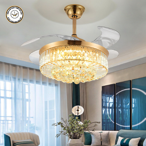 Quạt trần cụp xòe tự động pha lê 3 chế độ sáng động cơ DC inventer 6 số trang trí phòng ngủ phòng khách bảo hành 10 năm