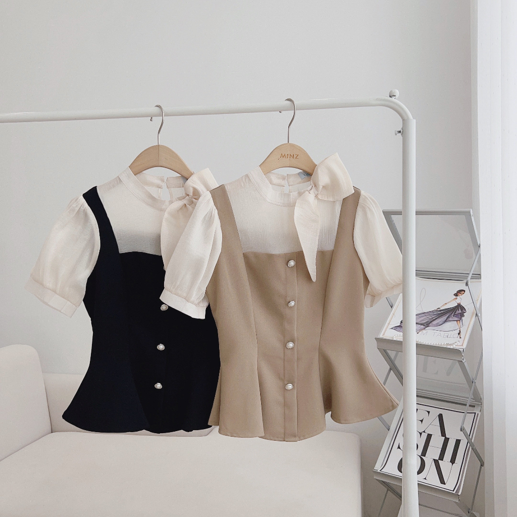 Áo Peplum Ngắn Tay #31641, Thiết Kế Cổ Nơ