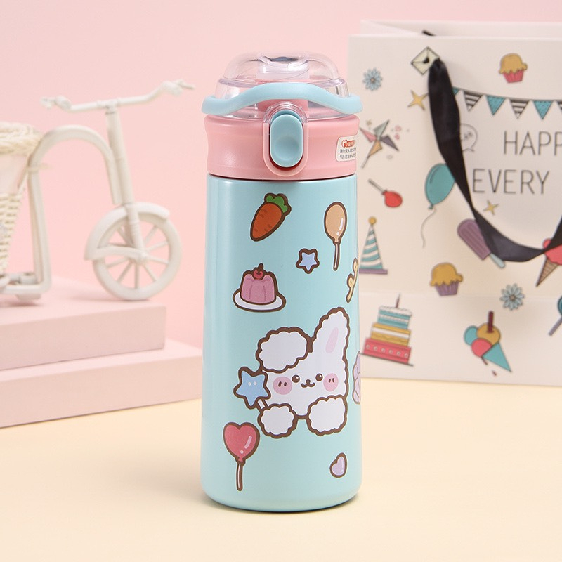 Bình Đựng Nước Giữ Nhiệt Bằng Inox 304 Không Gỉ Tặng Kèm Ống Hút Và Sticker 2D Hoạt Hình Dáng Yêu ,Dung Tích Bình 550ML