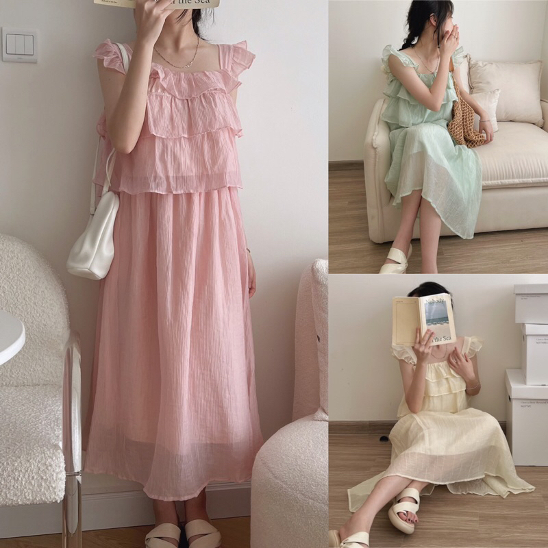 Set áo hai dây bèo tầng phối chân váy dài cạp chun set bộ tơ gân suông 6 màu siêu xinh