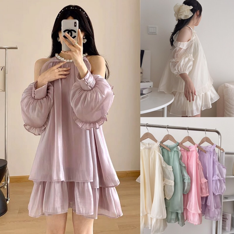 Váy voan tơ khoét vai cổ yếm dáng xòe 2 lớp điệu đà chất tơ organza ánh nhũ 4 màu siêu xinh