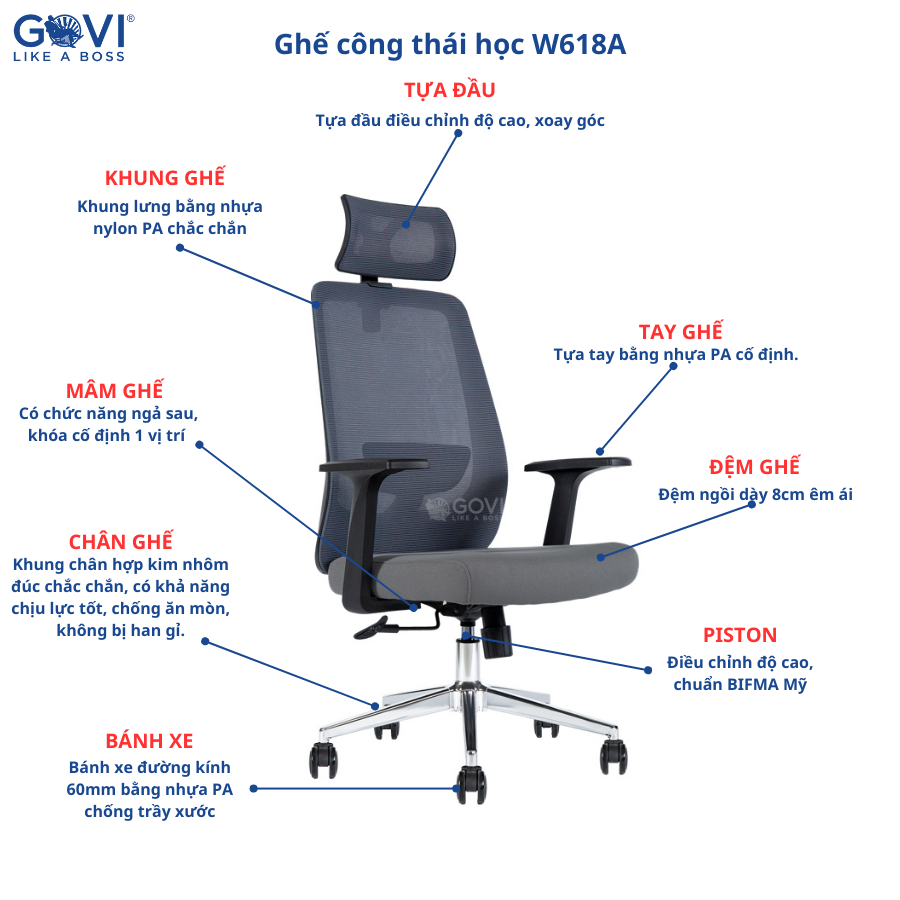 Ghế xoay văn phòng Govi W04A - Có tựa đầu xoay tròn 360 độ nâng hạ di chuyển nhẹ nhàng