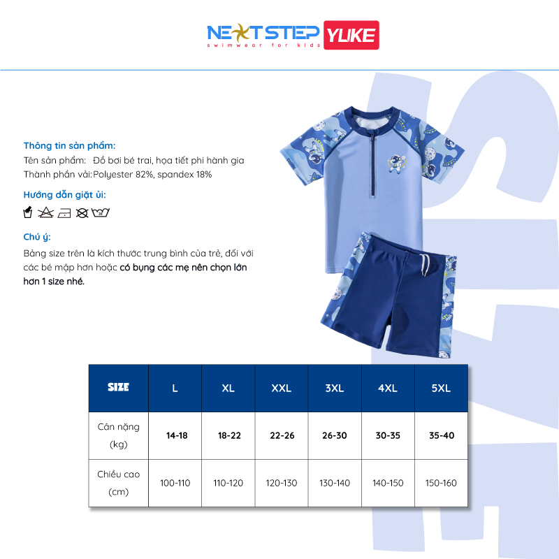 Đồ bơi bé trai, tay ngắn họa tiết phi hành gia, chất vải mềm mại, co giãn có size cho bé từ 14kg đến 40kg