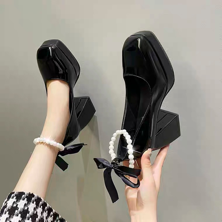 Giày cao gót 9p bít mũi gót vuông đế cao thời trang loại 1 cao cấp sang chảnh ,giày cao gót lolita thắt nơ xích ngọc hot