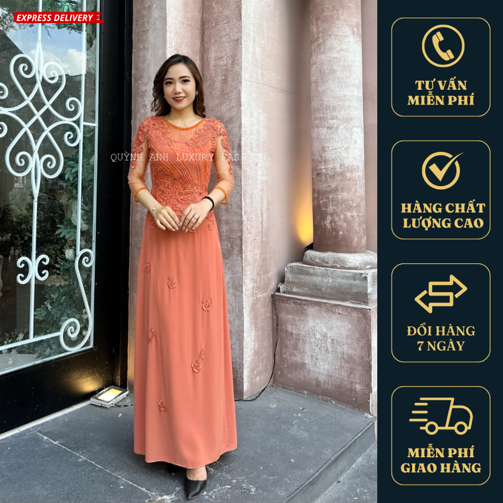 Váy Dạ Hội Áo Dài Cam Đào Trung Niên Sang Trọng Florence Dress