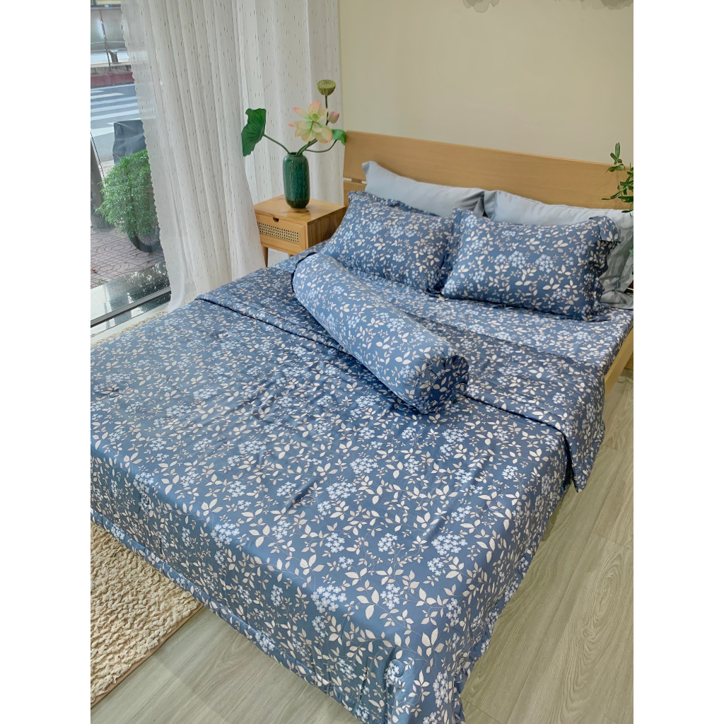 Chăn ga gối lụa tencel HOA NHÍ XANH 80s GALLY đủ size1m6, 1m8, 2m