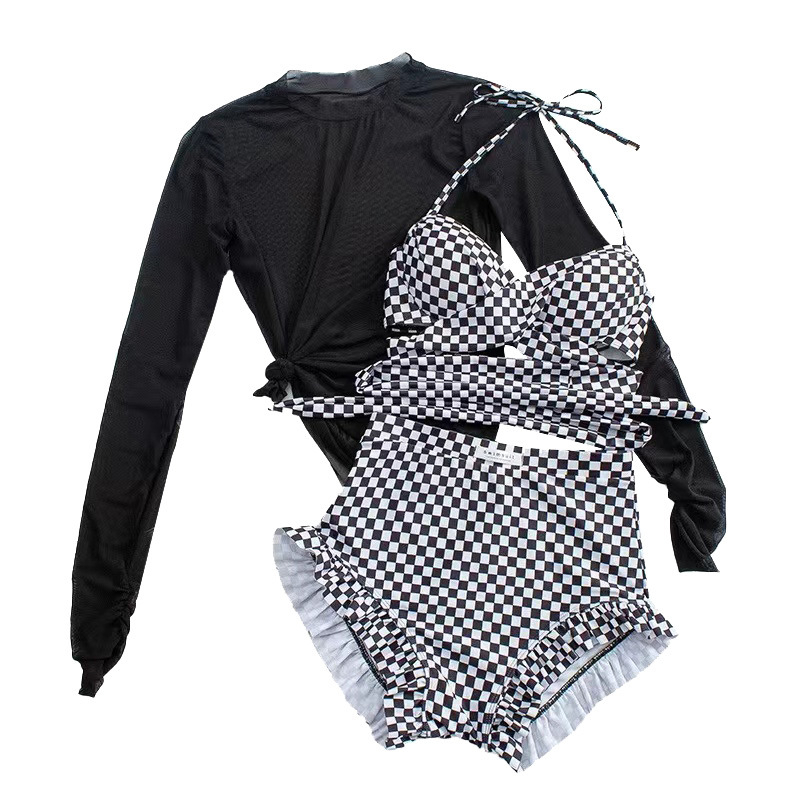 Đồ Bơi Đi Biển Nữ LUHAZO Set 3 Chi Tiết Sọc Caro Kèm Áo Lưới Sexy Quần Cạp Cao Kín Đáo Che Bụng Mỡ 2356 B-23.1