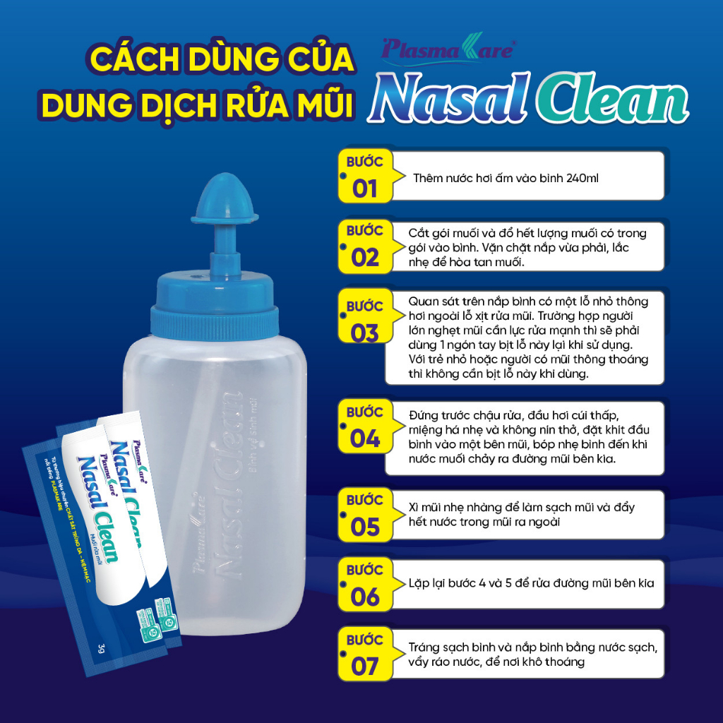 Bình Rửa Mũi Xoang và muối rửa mũi xoang PlasmaKare Nasal Clean - Làm Sạch Mũi Xoang Hiệu Quả và An Toàn Niêm Mạc Mũi