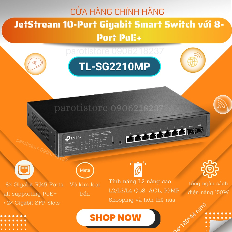 Bộ chia mạng Switch TL-SG2210MP Smart Switch 116W POE, 2 SFP - PAROTISTORE