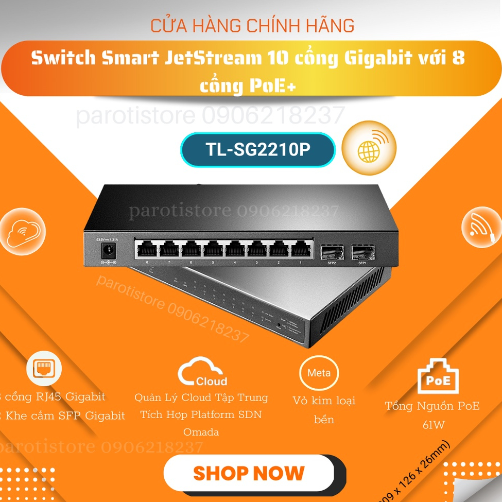 Bộ chia mạng Switch Smart JetStream 10 cổng Gigabit với 8 cổng PoE+ TP-Link TL-SG2210P
