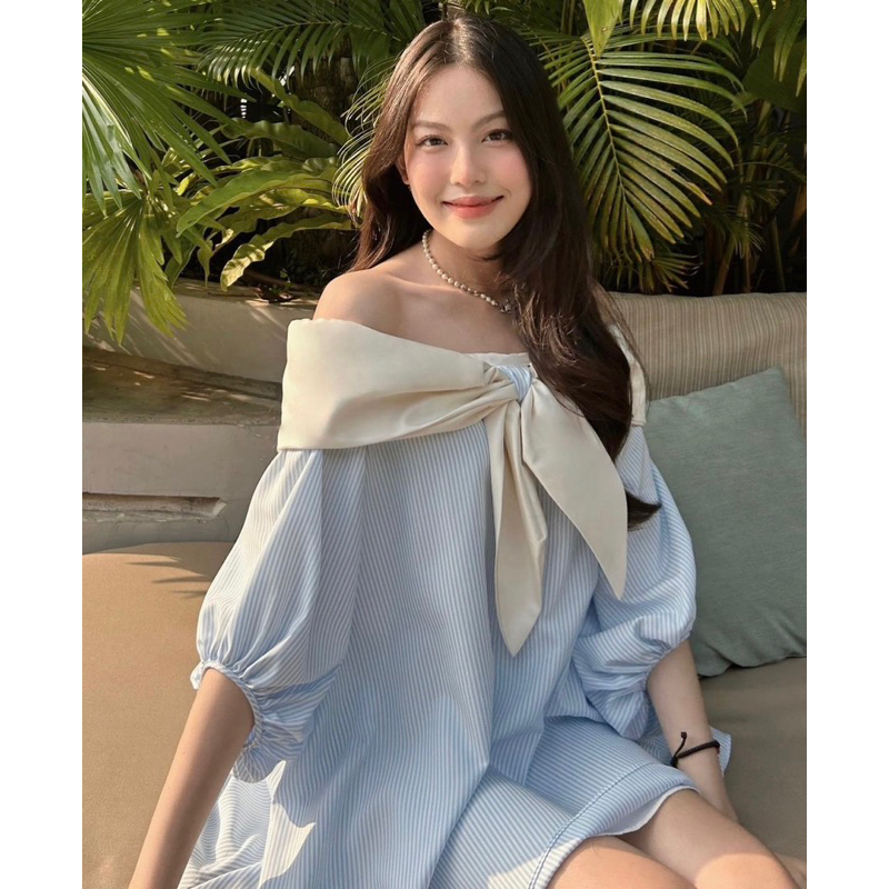 ĐẦM BBD SỌC TAY DÀI TRỄ VAI PHỐI NƠ