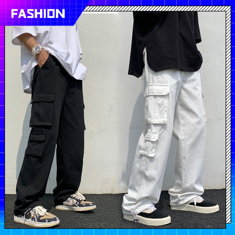 Quần Túi Hộp Nam Thời Trang Hiphop Quần Ống Rộng Màu Trơn Quần nam mùa hè Trắng Quần Cargo pants Unisex Phối Nhiều Túi Phong Cách Hàn Quốc