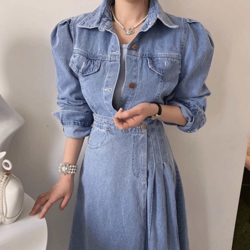 b11|set bộ denim nữ áo bò sơ mi hàn quốc, váy jeans cạp cao xếp ly đi chơi, đi biển gd_order