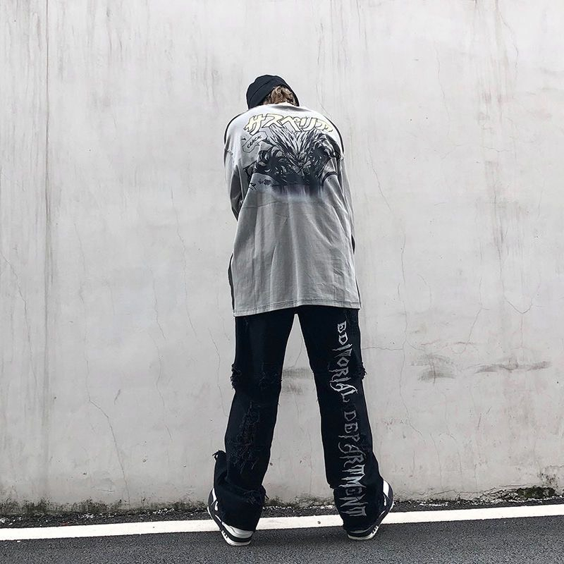 Quần Jeans Thêu Chữ Ống Rộng Họa Tiết Unisex Hiphop BluuWear