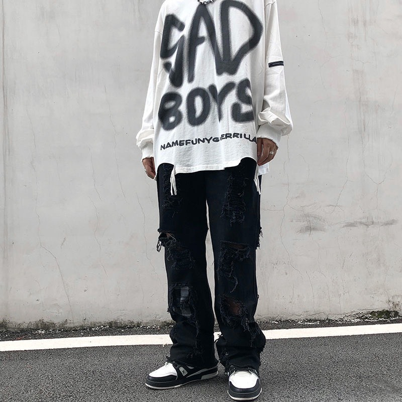 Quần Jeans Thêu Chữ Ống Rộng Họa Tiết Unisex Hiphop BluuWear