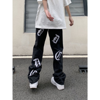 Jeans Ống Rộng Đen Thêu Chữ Đường Phố Có Zip bluuwear