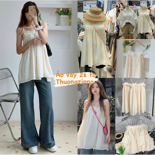 Áo váy hai dây nhỏ dáng babydoll bo chun ở ngực viền bèo