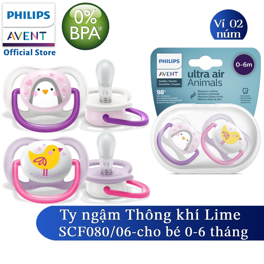 Núm ty ngậm thông khí Philips Avent cho bé 0-6 tháng, vỉ đôi SCF080/05 SCF080/06