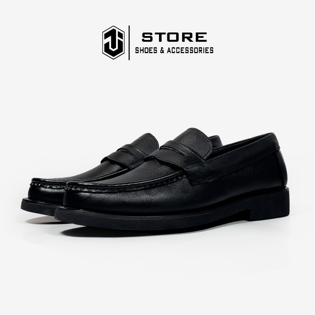 Penny Loafer Full Black LF03 Da Bò Nguyên Tấm J1, Giày Tây Lười Đế Cao Su Tăng Chiều Cao 4cm