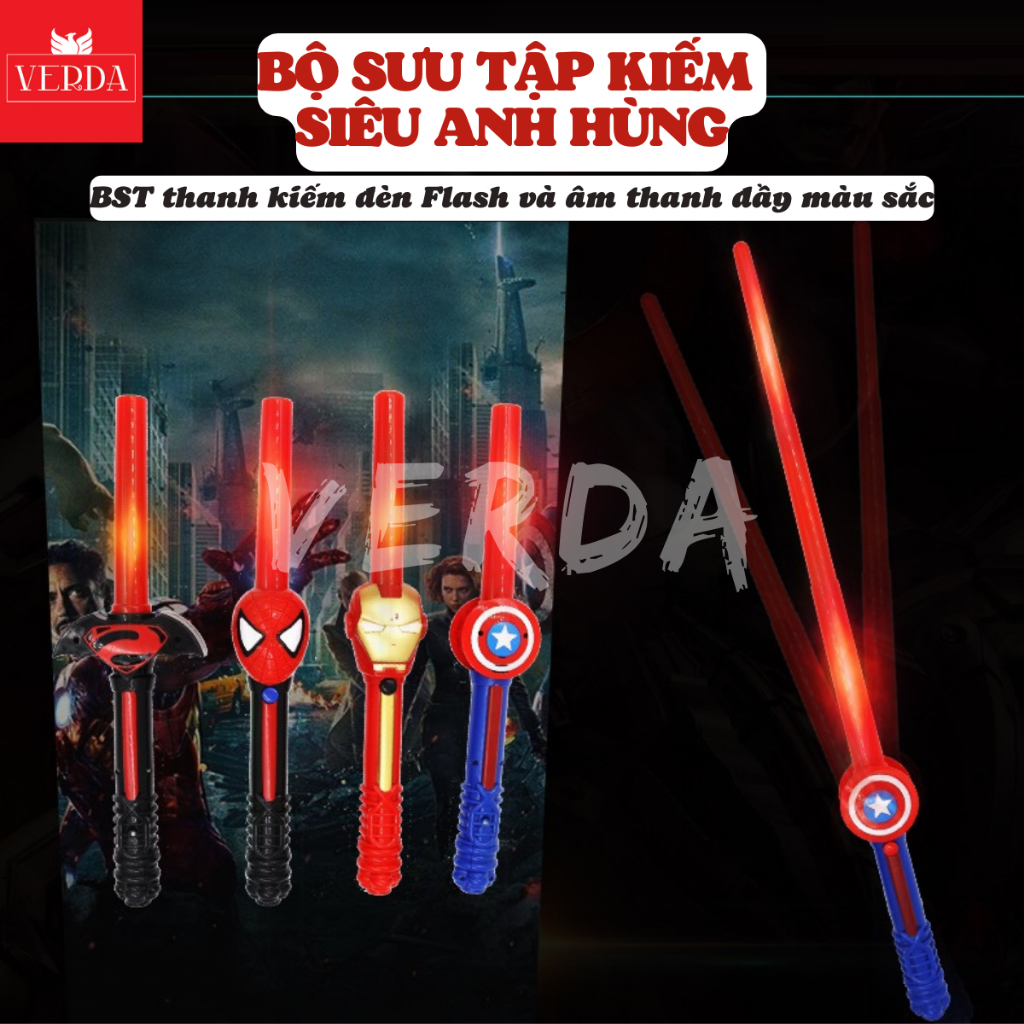 [KÈM PIN VÍT] Kiếm siêu nhân người nhện gậy spider man batman dơi sắt phát ánh sáng trẻ em cosplay có đèn led nhạc VERDA