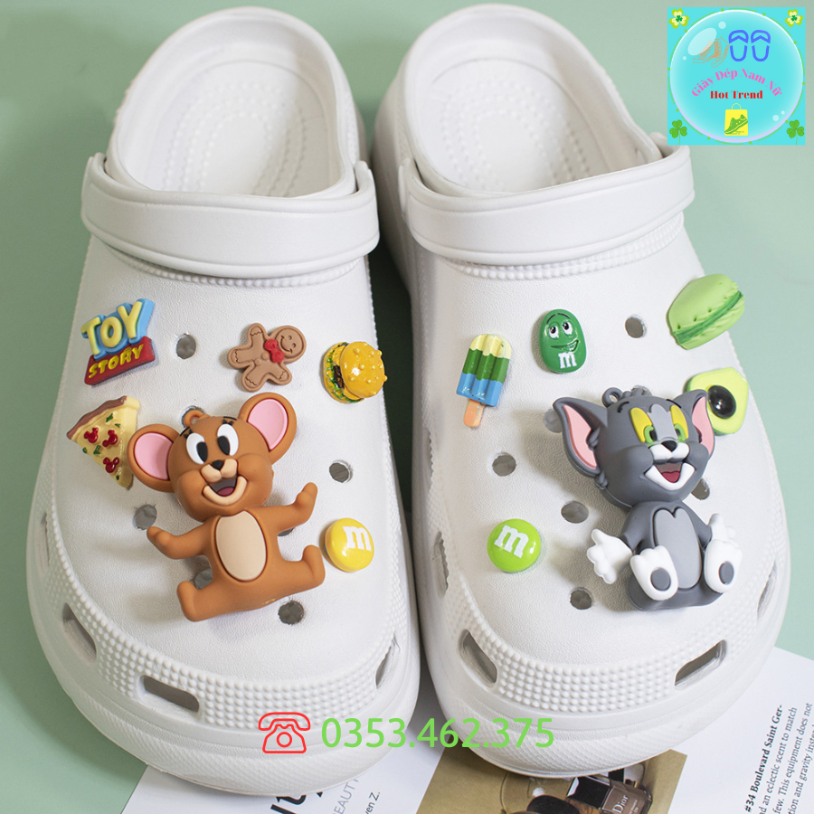 Bộ Sticker Tom Jerry Cao Cấp Phụ Kiện Trang Trí Dép Crocs Jibbitz Charm 3D Gắn Sục Cross Mẫu Mới Siêu Xinh Sẵn Nút Gắn