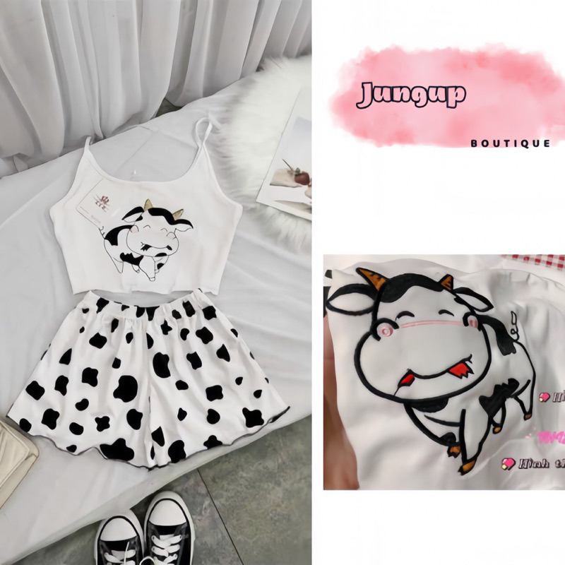 Set, Set Đồ, Sét Bò Sữa Hai Dây, Họa Tiết Bò Sữa Hot Trend, Phong Cách, Cá Tính