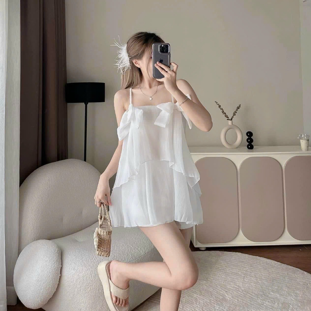 Set đùi nữ chất voan tơ hai dây đính nơ phồi bèo xinh xắn kèm quần có lót siêu xinh cho các nàng