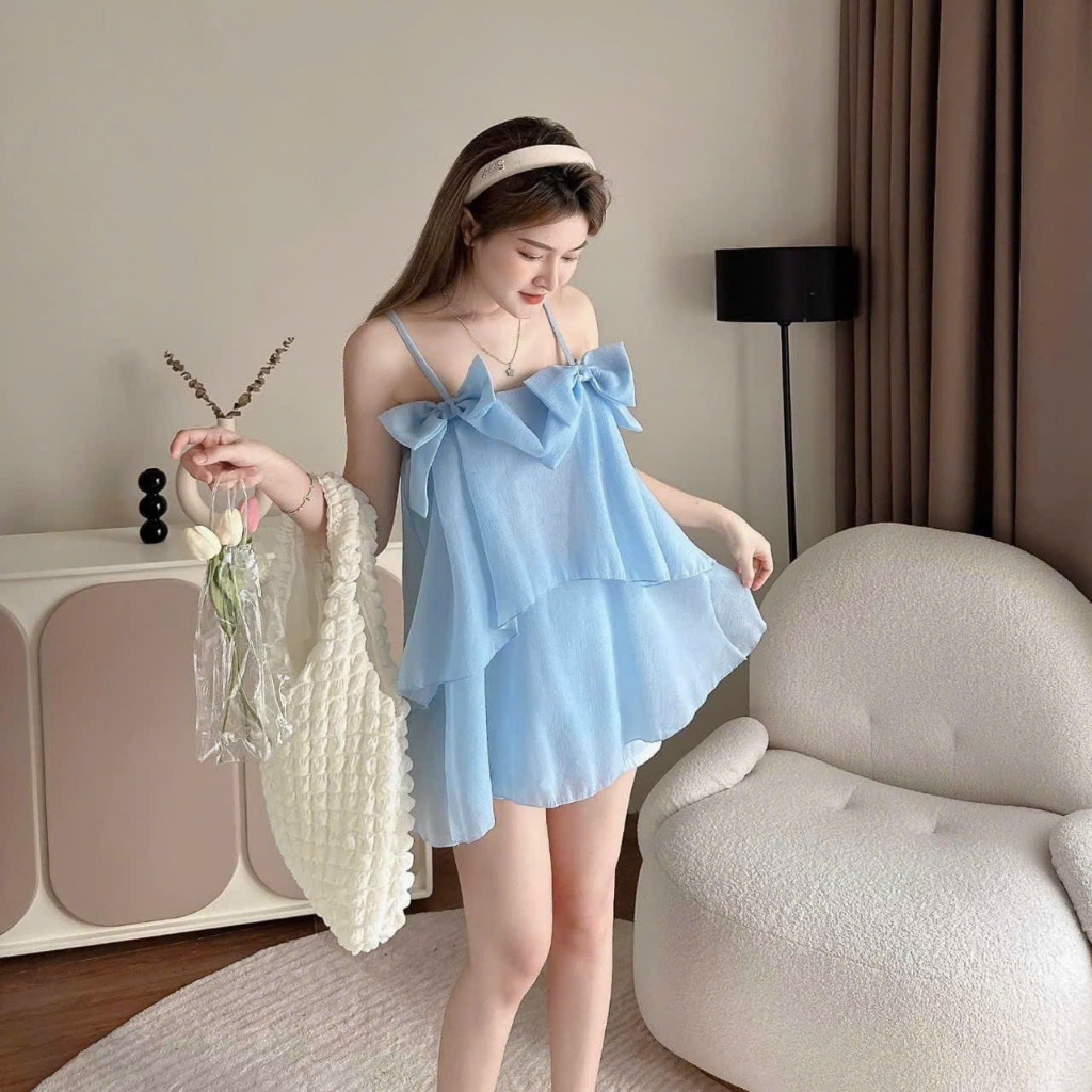 Set đùi nữ chất voan tơ hai dây đính nơ phồi bèo xinh xắn kèm quần có lót siêu xinh cho các nàng