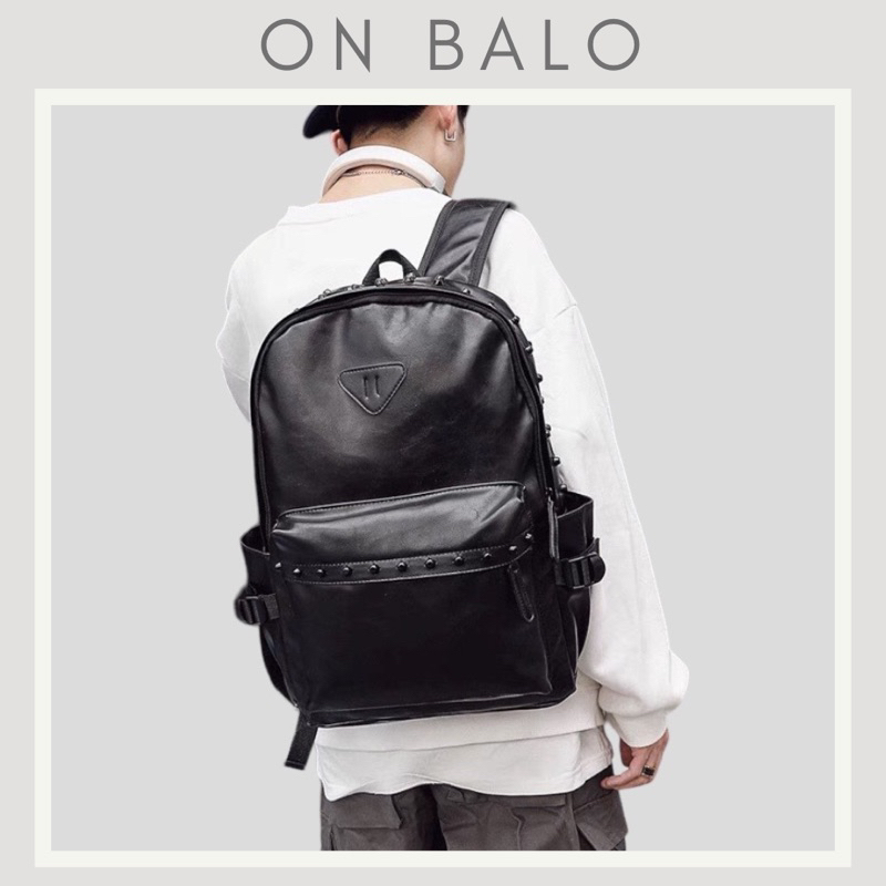 Balo da pu 307 Đinh đi học đen Balo da PU, kiểu dáng Hàn Quốc