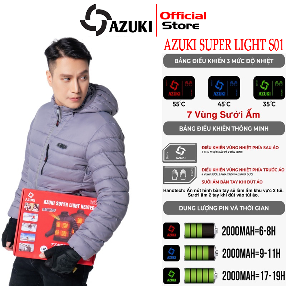 Áo Sưởi Ấm AZUKI Công Nghệ Cao Nhật Bản Super Light S01 Siêu Nhẹ, Pin 24000mah, Mặc Thoải Mái, Giữ Ấm 10 Tiếng