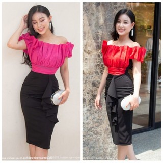 Đầm ôm xếp ly hở vai phối màu