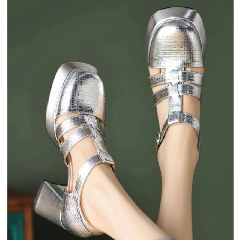 ORDER 💕 Giày dây đan mũi rọ da mix gót vuông 8cm34-39