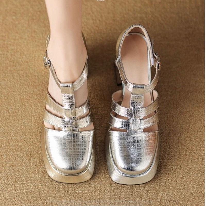 ORDER 💕 Giày dây đan mũi rọ da mix gót vuông 8cm34-39